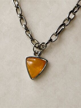 VTG YSL Yves Saint Laurent Silver Chain Necklace with Amber Triangle Pendant